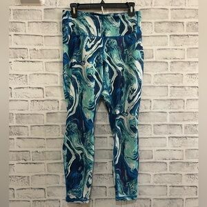 Women’s Patagonia blue/white/teal paint splash pattern leggings Medium
